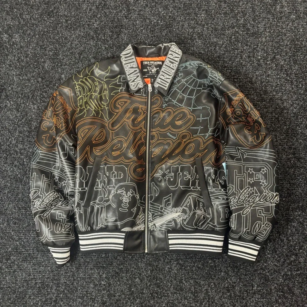 True Religion Trophy Retro Bomber Jacket Black Faux Leather SMS Sample 110342 M